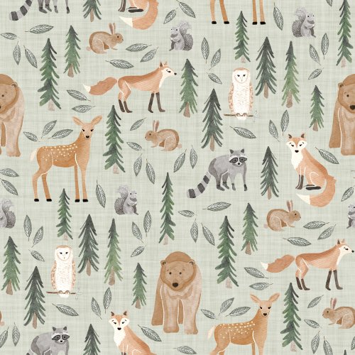 Watercolor forest woodland animals and trees on a linen background.