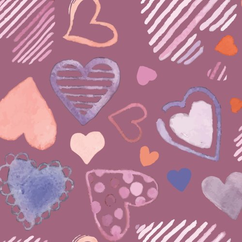 Valentine's Day design with watercolor hearts on purple background