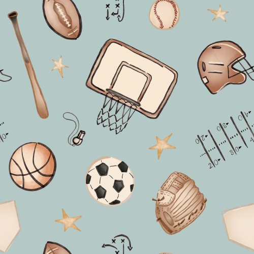 Watercolor sports motifs tossed on a solid background, including basketball, soccer, football and baseball.