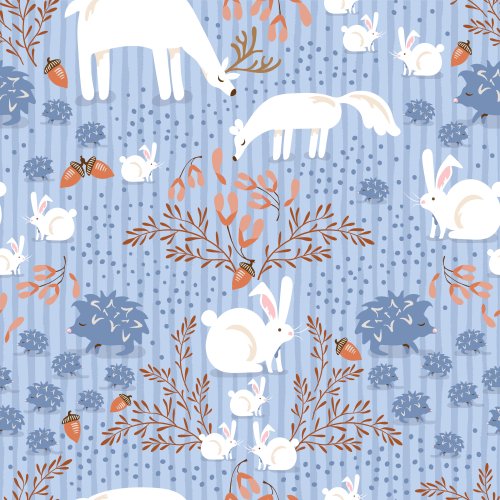 Forest animals with acorns are hanging out on a subtle striped background
