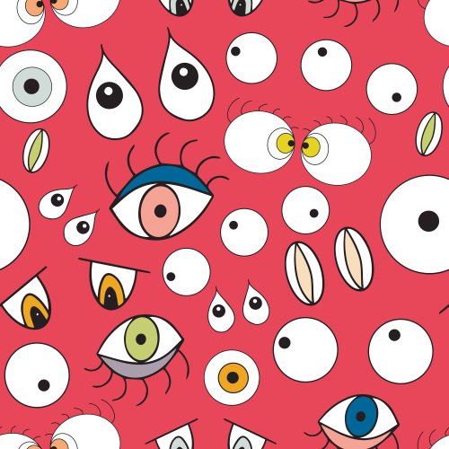 silly monster eyes in a tossed/scattered pattern on a bright red background