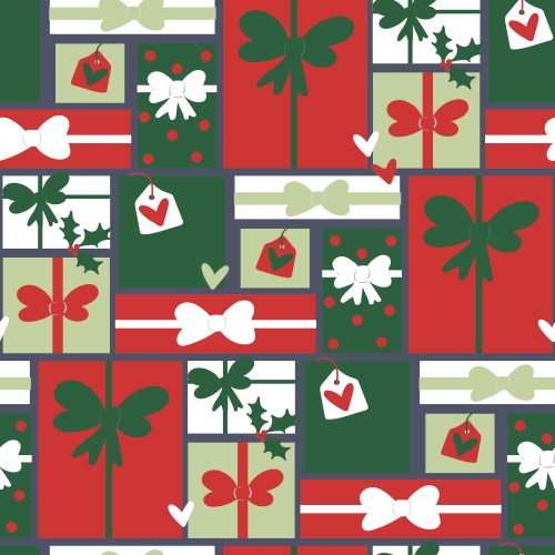 stack of presents wrapped in red, green, and white on a blue background