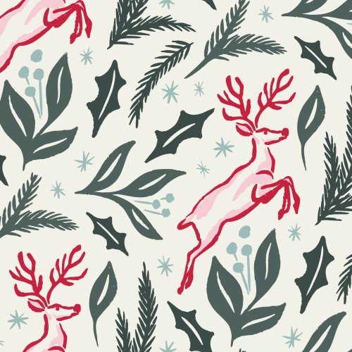 Retro reindeer in evergreen trees—ideal for cozy Christmas PJs, kid outfits & woodland-themed quilts. Vintage holiday magic!