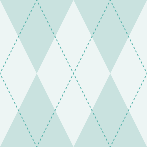 Large overlapping diamond shapes with alternating solid and dashed outlines create a classic argyle pattern in soft aqua and pale grey.