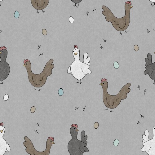 cartoon hens scattered on a gray background