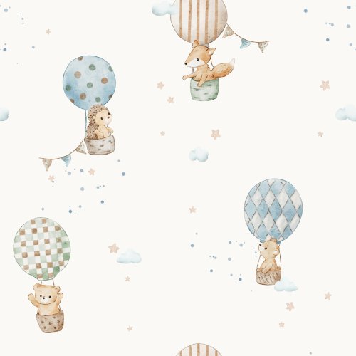 Animals in hot air balloon design for small children. Hand drawn.