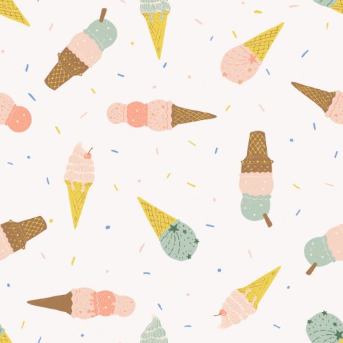 A playful tossed pattern of illustrated ice cream cones and ice cream bars in peach, mint green and yellow, with waffle cone details, textured scoops and colourful sprinkles on an off-white background.