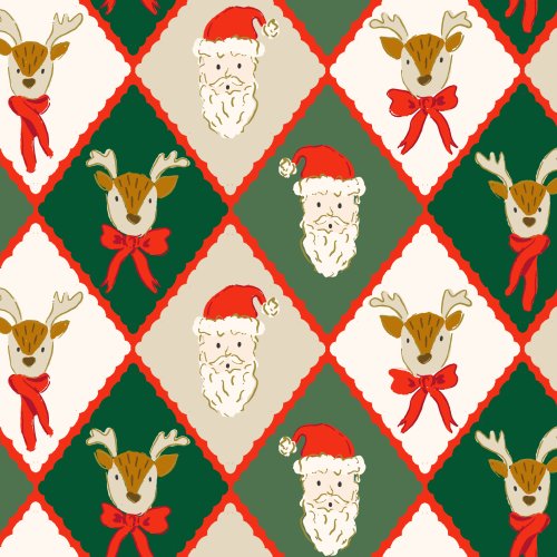 hand drawn Santa and reindeer illustration with harlequin style stamp diamonds