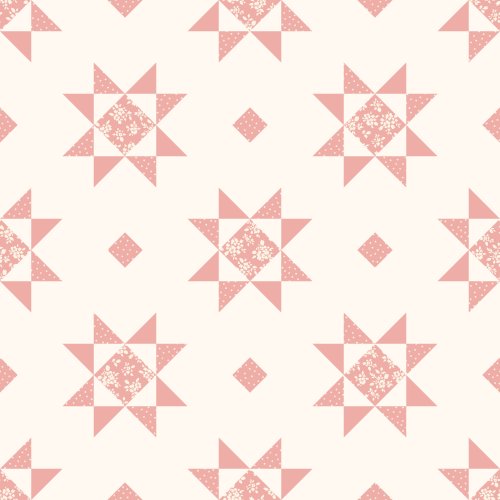 Clean eight-point quilt stars sit on a soft cream background, with speckled inner stars and tiny diamond accents that add a subtle handmade, screenprinted texture. 