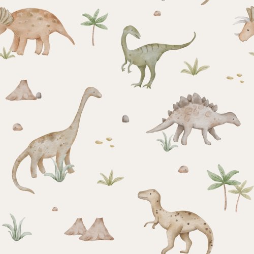 Dinosaurs with mountains and trees in cream. 