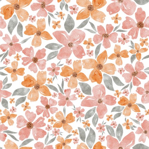 Pink and orange boho water color scattered flowers on a white back ground
