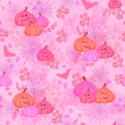 pumpkins and bats and cobwebs in shades of pink