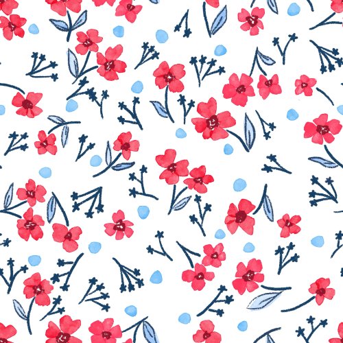 a small tossed red floral with navy star hand drawn details 
