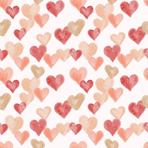 Layered scattered watercolor hearts in shades of reds and pinks