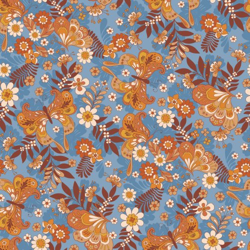 Fall Butterflies and Blooms in Blue and Brown. Boho. 70s retro butterflies and retro flowers
