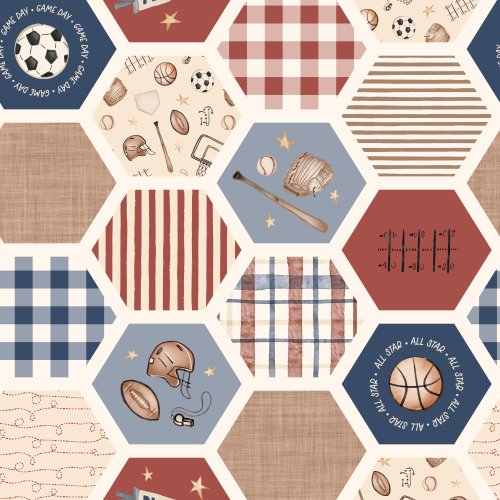 a baseball cheater quilt with baseball motifs, plaid and stirpe patterns arranged in hexagon shapes.
