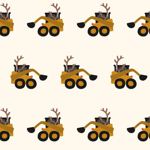 rows of yellow skidsteer construction trucks dressed as reindeer for winter holidays