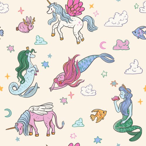 Magical Creatures on a cream background. Includes mermaids, kelpies, unicorns, and Pegasus.