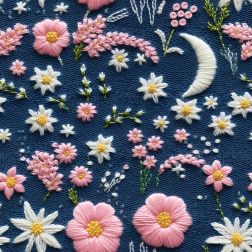 pink and blue moon floral embroidery