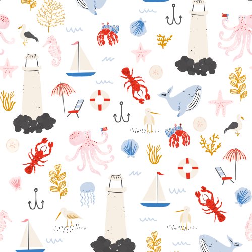 summer beach design with lighthouses, ocean animals, anchors and waves