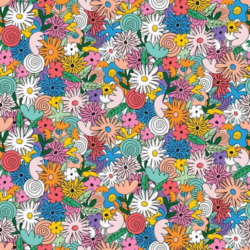 a ditsy mess of hand-drawn flowers in bright, bold, happy colors