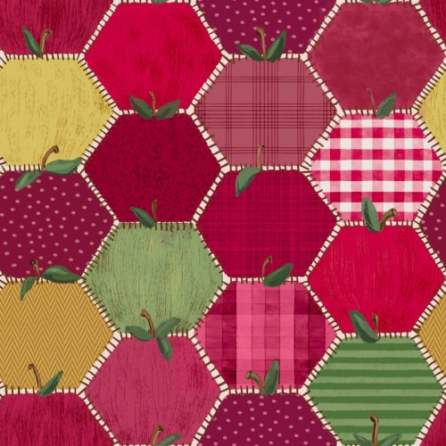 patchwork that looks like a variety of apples with leaves in red green and yellow with hand drawn stitching like a quilt