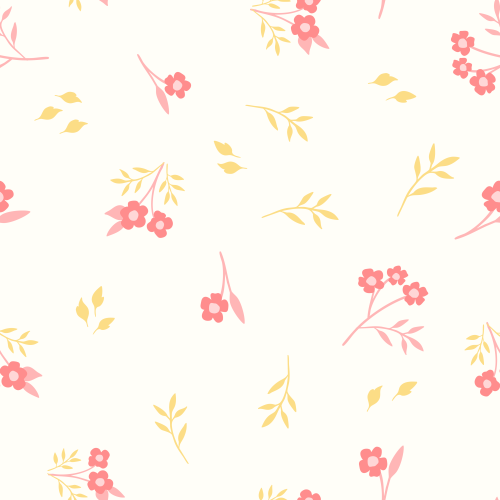 Small scattered floral sprigs in blush pink and soft yellow on a cream background