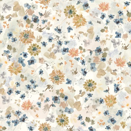 Abstract hand-painted watercolor flowers in varied shapes and sizes on a soft pink, light blue, light orange and neutral wash background