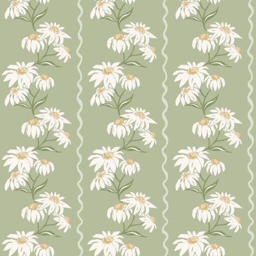 White daisy flowers with yellow centers and green leaves arranged in a vertical trailing pattern on a sage green background