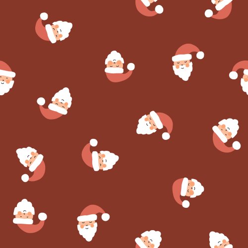 A scatter of Santa Claus faces with a beard, red hat, and rosy cheeks in modern festive colors like maroon, dark green, beige for holiday designs, as part of the snowy holiday collection