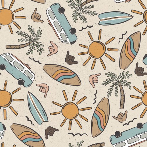 beach design with suns, surf board and retro vans