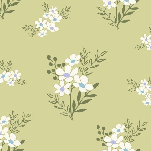 Scattered bouquets of flowing white daisies on either a moss green or sky blue background