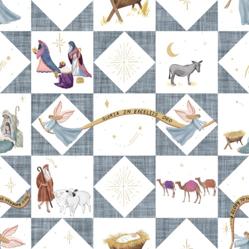 nativity in watercolor in a quilt pattern