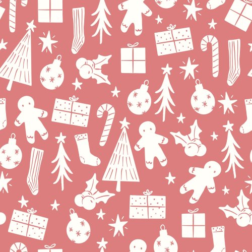 This elegant, minimalist Christmas pattern features soft, neutral-colored icons such as gingerbread men, Christmas trees, stockings, and presents.