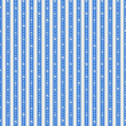 Vertical ticking stripe pattern in cobalt blue and cream, with hand-stitched decorative details that add texture while maintaining a clean, versatile appearance.