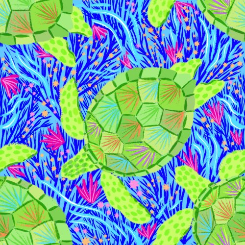 sea turtles in the ocean with bright colors for summer and swimwear
