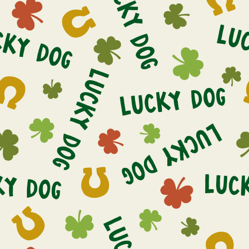 Cute tossed Lucky Dog, clovers and horse shoes for St Patricks Day