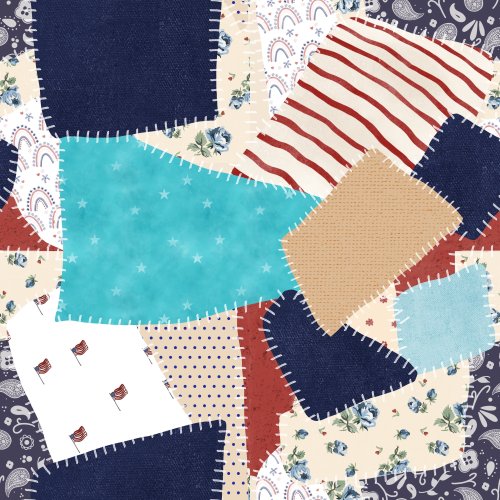 A patchwork crazy quilt made up of denim textures and hand drawn patriotic patterns