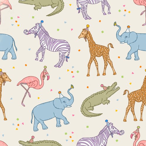 Party Animals by Tylee + Art. Animals in party hats on a cream background.