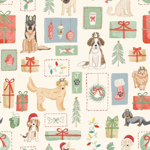 Watercolor Christmas dogs and decor in a patchwork block layout.