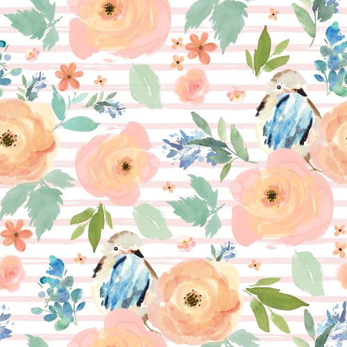 Peach spring floral design with watercolor stripe background and bird
