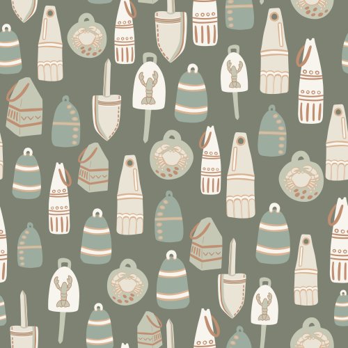 Seamless nautical pattern of fishing buoys, floats and maritime tools arranged in a scattered layout.