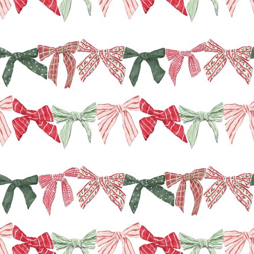 a red, pink and green watercolor bow garland strand on a white background
