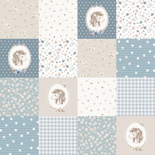 Hand drawn patchwork design with horse.