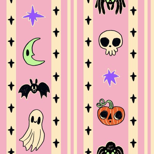 Halloween pattern with stripes. Featuring spooky cute ghosts, pumpkins, skulls, bats, spiders, and stars. Choose pink, blue, or purple.