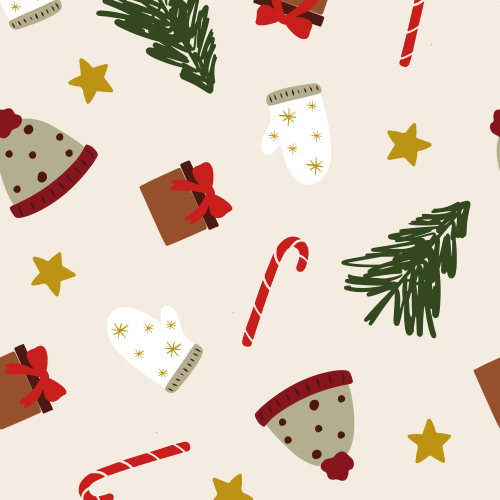 Non directional Christmas motifs, beanies, gloves, Christmas trees, candy canes, gifts