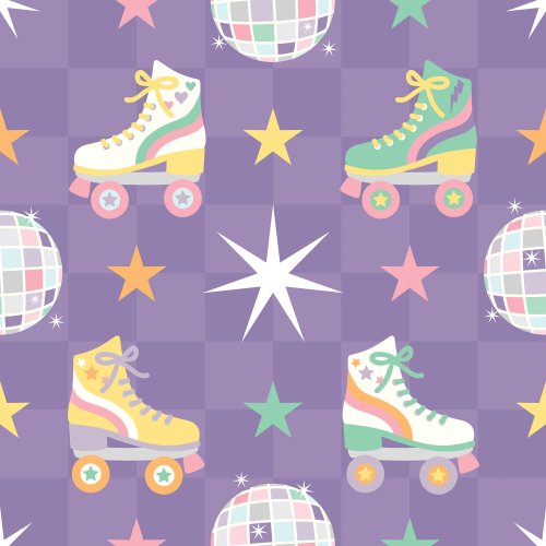 Colorful retro roller skates and disco balls on purple checkerboard