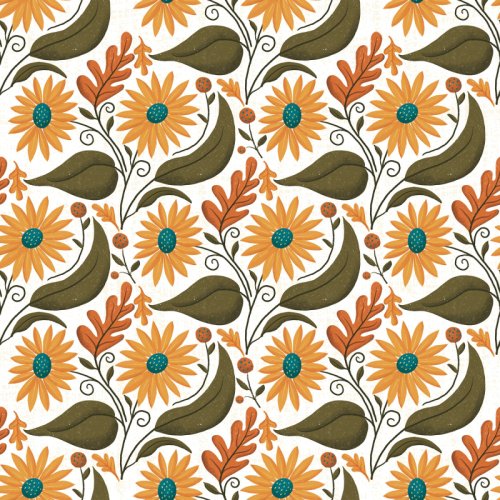 Golden Hollow collection, Golden Vines: golden sunflowers with teal centers, olive green leaves, rust oak leaves, and curling vines on a white background, a bright autumn botanical print.