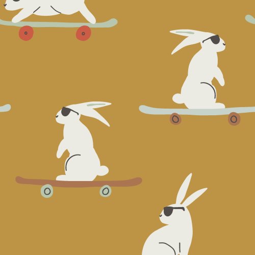 Cool skateboard Easter bunny rabbits in sunglasses skating on spring pastel colors.