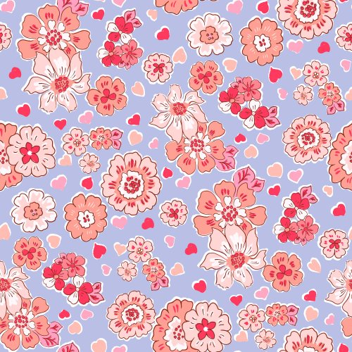 Lovely Crush Retro Floral Hearts in  Blue Red Boho floral and hearts in deep red